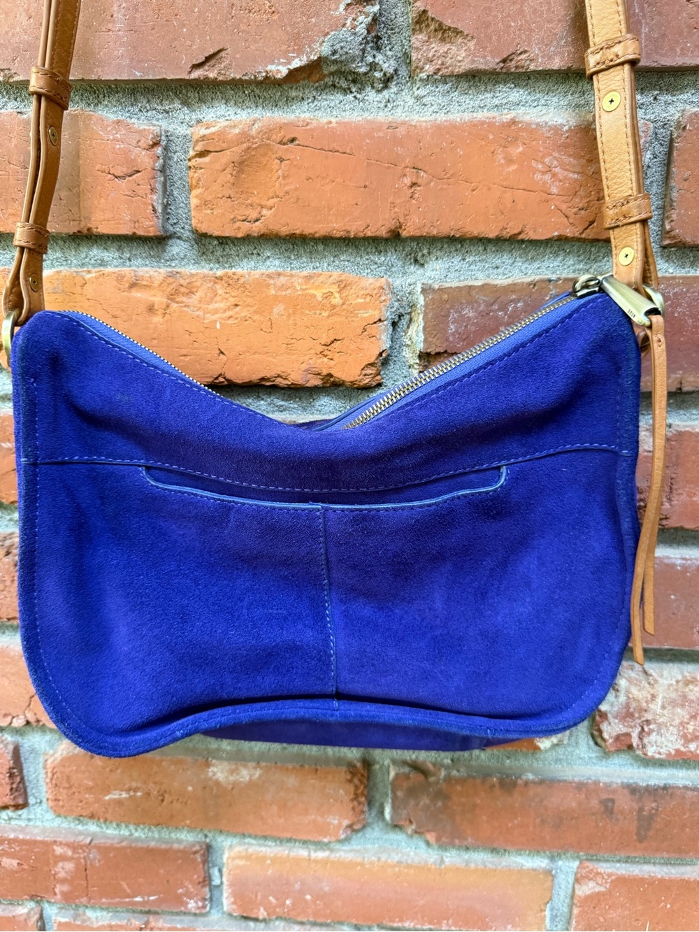 HOBO Cobalt Blue Suede Crossbody with Tan Leather Strap - Picture 2 of 7
